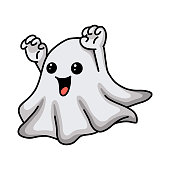 Cartoon cute halloween ghost raising hands