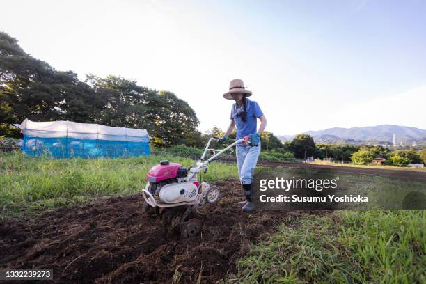 a group working on a farm in a rural environment - harrow agricultural equipment stock pictures, royalty-free photos & images