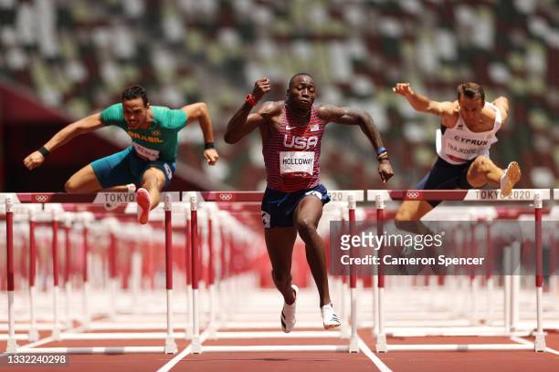 Grant Holloway of Team United States competes in the Men's 110m Hurdles Semi-Final on day twelve of the Tokyo 2020 Olympic Games at Olympic Stadium...