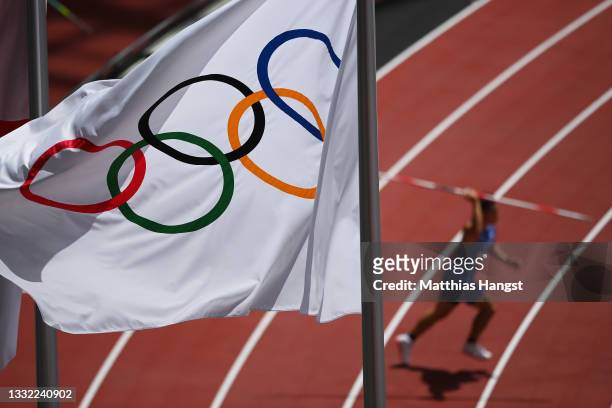 View of the Olympic rings flag during the Men's Javelin Throw Qualification on day twelve of the Tokyo 2020 Olympic Games at Olympic Stadium on...