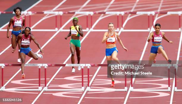 Sydney McLaughlin of Team United States wins the gold medal ahead of Dalilah Muhammad of Team United States in the Women's 400m Hurdles Final on day...