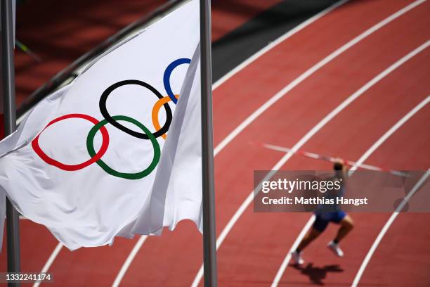 View of the Olympic rings flag during the Men's Javelin Throw Qualification on day twelve of the Tokyo 2020 Olympic Games at Olympic Stadium on...