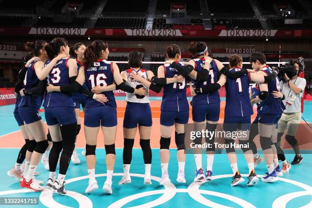 Team South Korea celebrates after defeating Team Turkey during the Women’s Quarterfinals volleyball on day twelve of the Tokyo 2020 Olympic Games at...