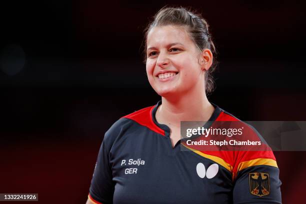 Petrissa Solja of Team Germany reacts during her Women's Team Semifinal table tennis match on day twelve of the Tokyo 2020 Olympic Games at Tokyo...