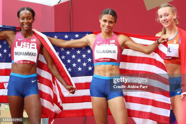 Silver medalist Dalilah Muhammad of Team United States, gold medalist Sydney McLaughlin of Team United States and bronze medalist Femke Bol of Team...