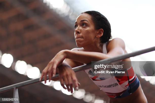 Katarina Johnson-Thompson of Team Great Britain looks on during the Women's Heptathlon High Jump on day twelve of the Tokyo 2020 Olympic Games at...