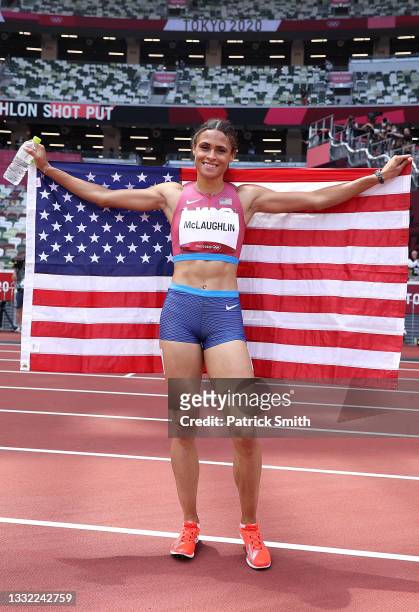 Gold medalist Sydney McLaughlin of Team United States celebrates after competing in the Women's 400m Hurdles Final on day twelve of the Tokyo 2020...