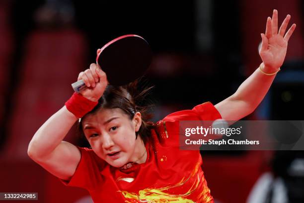 Chen Meng of Team China in action during her Women's Team Semifinal table tennis match on day twelve of the Tokyo 2020 Olympic Games at Tokyo...