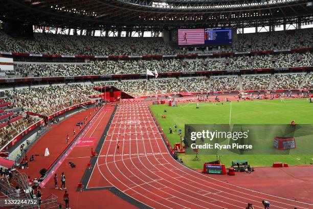 Taio Kanai of Team Japan finishes after falling in the Men's 110m Hurdles Semi-Final on day twelve of the Tokyo 2020 Olympic Games at Olympic Stadium...