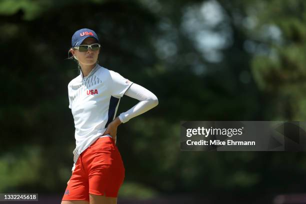 Nelly Korda of Team United States looks on from the 13th hole during the first round of the Women's Individual Stroke Play on day twelve of the Tokyo...