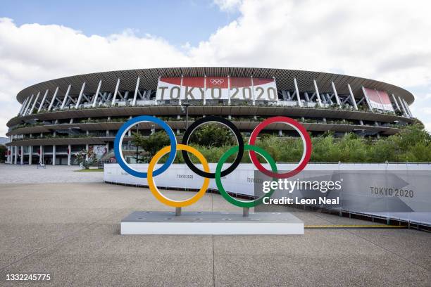 General view of the exterior of the Olympic Stadium as the Athletics continues on day 12 of the Tokyo Olympic Games on August 04, 2021 in Tokyo,...