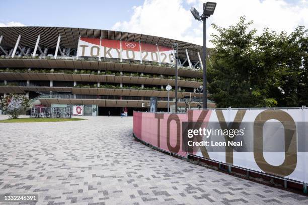 General view of the exterior of the Olympic Stadium as the Athletics continues on day 12 of the Tokyo Olympic Games on August 04, 2021 in Tokyo,...