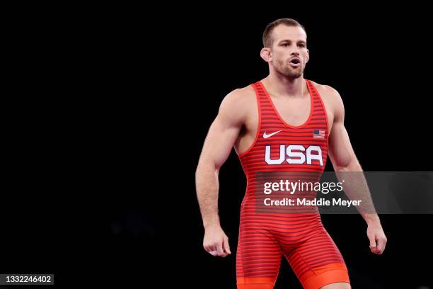 David Morris Taylor III of Team United States reacts against Ali Shabanau of Team Belarus during the Men's Freestyle 86kg 1/8 Final on day twelve of...