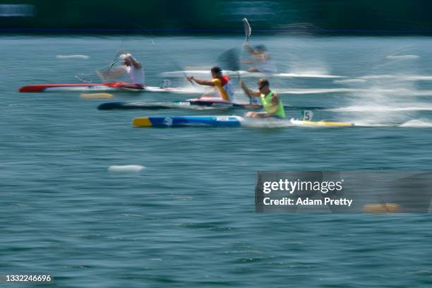 Competitors race in the Men's Kayak Single 200m Heat 1 on day twelve of the Tokyo 2020 Olympic Games at Sea Forest Waterway on August 04, 2021 in...