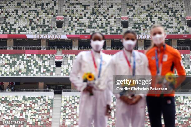 The stands are empty during the medal ceremony for the Women's 400m Hurdles Final on day twelve of the Tokyo 2020 Olympic Games at Olympic Stadium on...