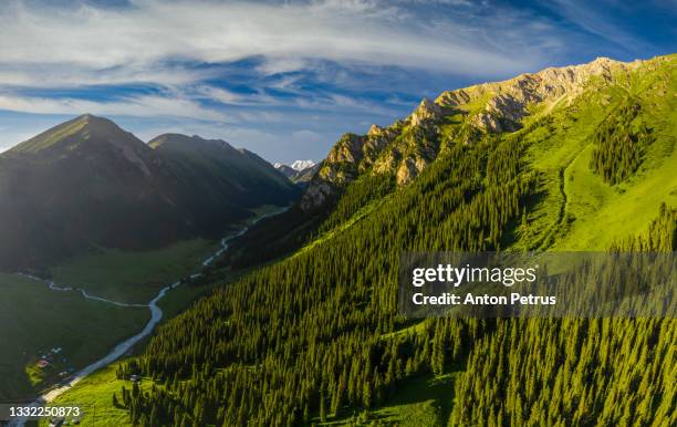 aerial panorama of mountain landscape in kyrgyzstan. altyn-arashan gorge - kyrgyzstan stock pictures, royalty-free photos & images