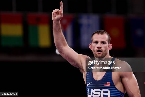 David Morris Taylor III of Team United States celebrates defeating Myles Nazem Amine of Team San Marino during the Men's Freestyle 86kg Quarter Final...