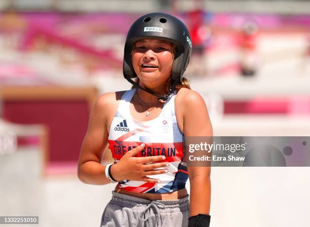 Sky Brown of Team Great Britain reacts during the Women's Skateboarding Park Finals on day twelve of the Tokyo 2020 Olympic Games at Ariake Urban...