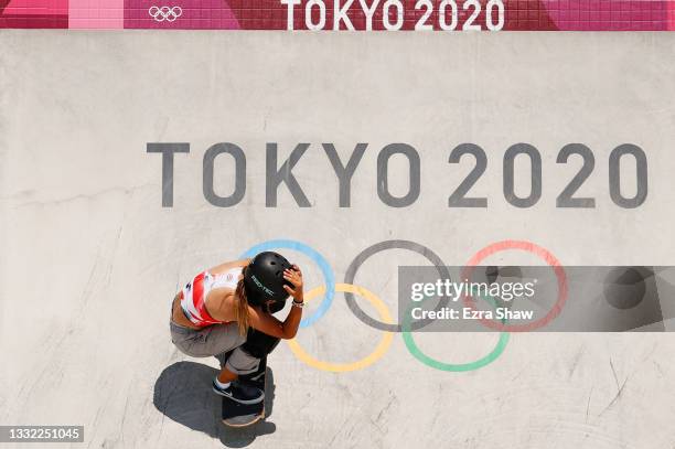 Sky Brown of Team Great Britain reacts during the Women's Skateboarding Park Finals on day twelve of the Tokyo 2020 Olympic Games at Ariake Urban...