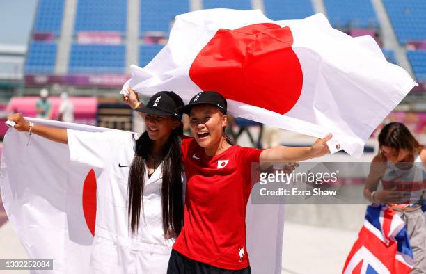 Sakura Yosozumi of Team Japan and Kokona Hiraki of Team Japan celebrate after winning the Gold and Silver medals respectively during the Women's...