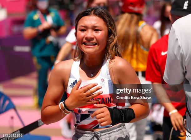 Sky Brown of Team Great Britain reacts after winning the Bronze medal during the Women's Skateboarding Park Finals on day twelve of the Tokyo 2020...