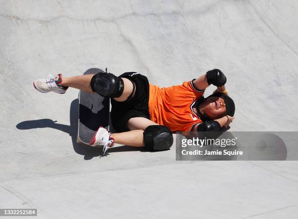 Misugu Okamoto of Team Japan reacts during the Women's Skateboarding Park Finals on day twelve of the Tokyo 2020 Olympic Games at Ariake Urban Sports...