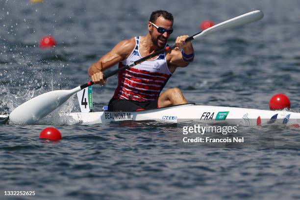 Maxime Beaumont of Team France races in the Men's Kayak Single 200m Heat 4 on day twelve of the Tokyo 2020 Olympic Games at Sea Forest Waterway on...