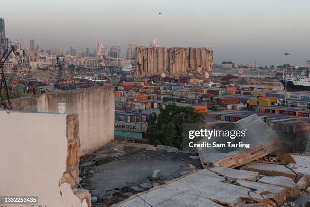 General view of Beirut Port, on August 4, 2021 in Beirut, Lebanon. Whilst investigations for accountability continue, Lebanese commemorate the 218...