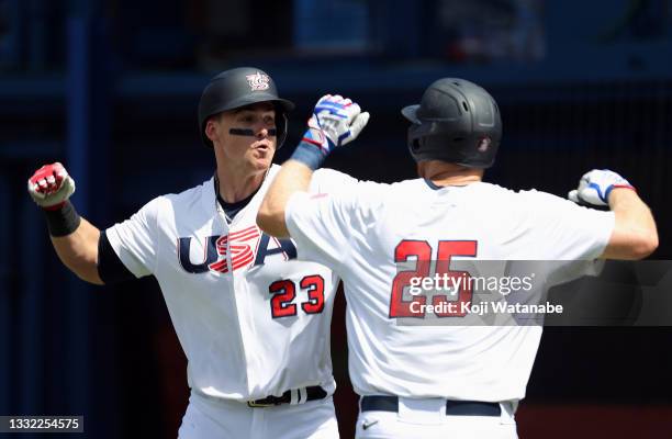 Tyler Austin of Team United States celebrates with Todd Frazier after hitting a solo home run in the fifth inning against Team Dominican Republic...