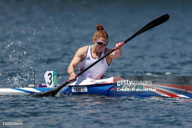 Deborah Kerr of Team Great Britain competes during the Women's Kayak Single 500m Heat 4 on day twelve of the Tokyo 2020 Olympic Games at Sea Forest...