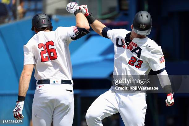 Tyler Austin of Team United States celebrates with Triston Casas after hitting a solo home run in the fifth inning against Team Dominican Republic...