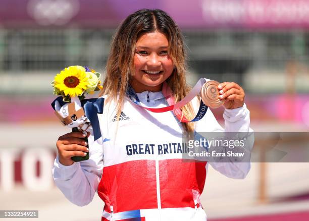 Sky Brown of Team Great Britain poses with her Bronze medal after the Women's Skateboarding Park Finals on day twelve of the Tokyo 2020 Olympic Games...