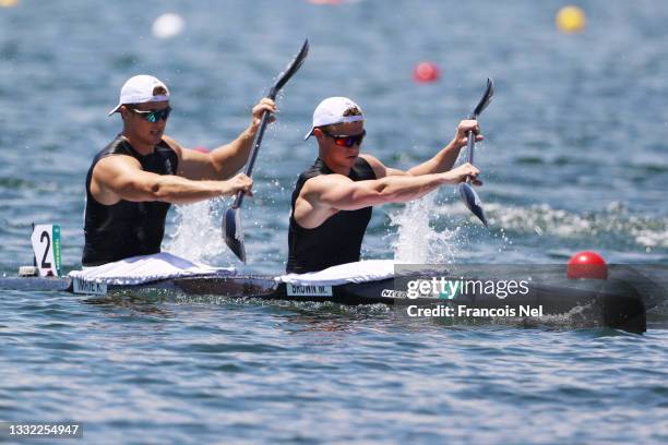 Max Brown and Kurtis Imrie of Team New Zealand compete during the Men's Kayak Double 1000m Heat 1 on day twelve of the Tokyo 2020 Olympic Games at...