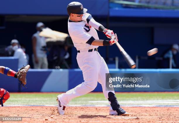 Tyler Austin of Team United States hits a solo home run in the fifth inning against Team Dominican Republic during the knockout stage of men's...