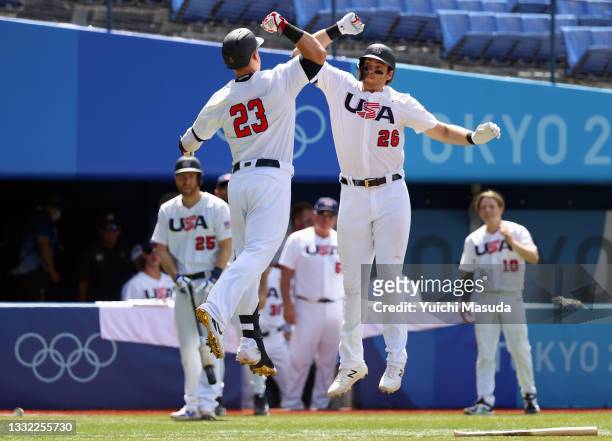 Tyler Austin of Team United States celebrates with Triston Casas after hitting a solo home run in the fifth inning against Team Dominican Republic...