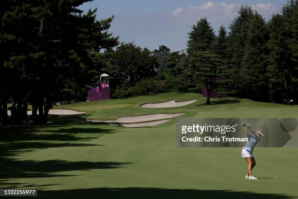 Madelene Sagstrom of Team Sweden plays her second shot on the 14th hole during the first round of the Women's Individual Stroke Play on day twelve of...