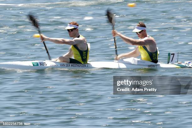 Jean van der Westhuyzen and Thomas Green of Team Australia compete during the Men's Kayak Double 1000m Heat 1 on day twelve of the Tokyo 2020 Olympic...