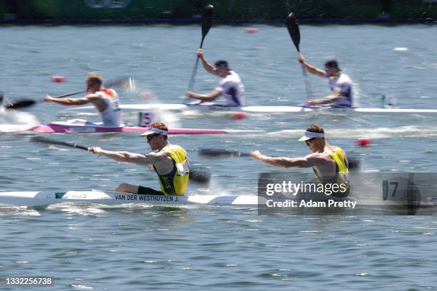 Jean van der Westhuyzen and Thomas Green of Team Australia compete during the Men's Kayak Double 1000m Heat 1 on day twelve of the Tokyo 2020 Olympic...