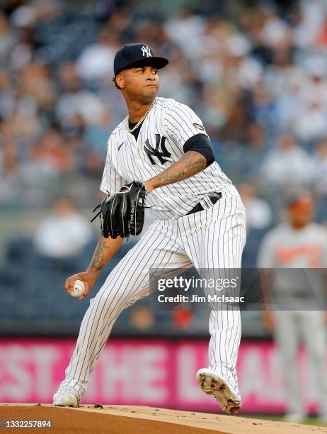 Luis Gil of the New York Yankees in action against the Baltimore Orioles during his major league debut at Yankee Stadium on August 03, 2021 in New...