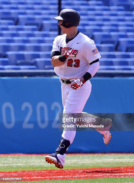 Tyler Austin of Team United States reacts toward his team's dugout as he rounds third base after hitting a solo home run in the fifth inning against...