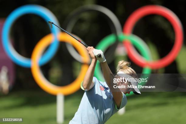 Madelene Sagstrom of Team Sweden plays her shot from the 16th tee during the first round of the Women's Individual Stroke Play on day twelve of the...