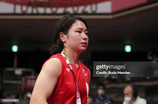 Tsukimi Namik of Team Japan reacts after losing against Stoyka Zhelyazkova Krasteva of Team Bulgaria during the Women's Fly semi final on day twelve...