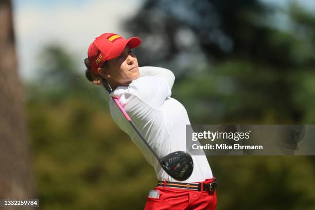 Azahara Munoz of Team Spain plays her shot from the 18th tee during the first round of the Women's Individual Stroke Play on day twelve of the Tokyo...