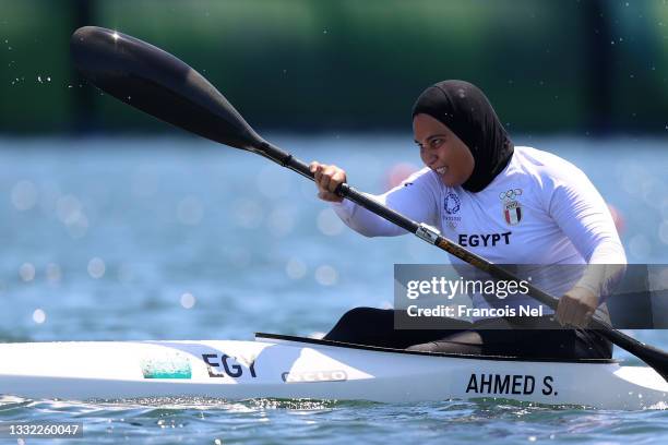 Samaa Ahmed of Team Egypt competes during the Women's Kayak Single 500m Quarterfinal 1 on day twelve of the Tokyo 2020 Olympic Games at Sea Forest...