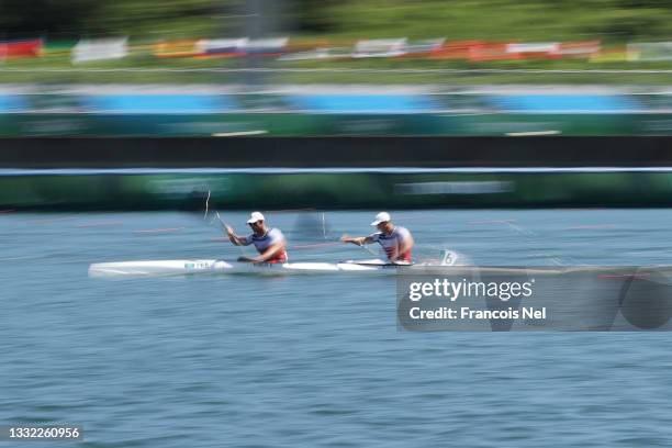 Etienne Hubert and Guillaume Burger of Team France compete during the Men's Kayak Double 1000m Quarterfinal 1 on day twelve of the Tokyo 2020 Olympic...