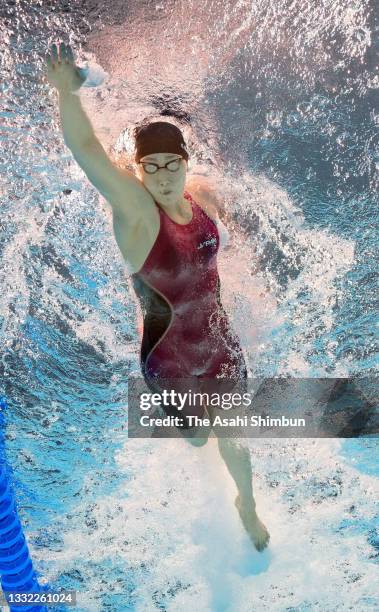 Chihiro Igarashi of Team Japan competes in the Women's 4x100m Medley Relay final on day nine of the Tokyo 2020 Olympic Games at Tokyo Aquatics Centre...