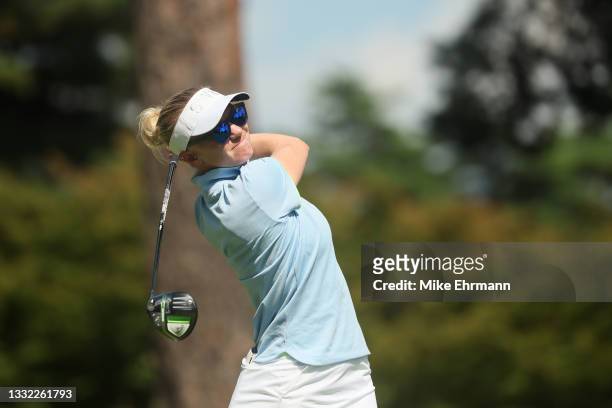 Madelene Sagstrom of Team Sweden plays her shot from the 18th tee during the first round of the Women's Individual Stroke Play on day twelve of the...