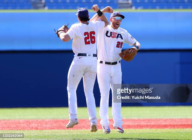 Triston Casas and Todd Frazier of Team United States celebrate after their 3-1 win against Team Dominican Republic during the knockout stage of men's...