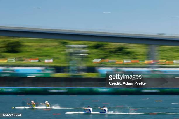 Riley Fitzsimmons and Jordan Wood of Team Australia and Samuel Balaz and Adam Botek of Team Slovakia compete during the Men's Kayak Double 1000m...