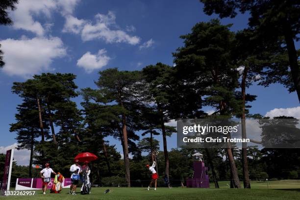 Azahara Munoz of Team Spain plays her shot from the 18th tee during the first round of the Women's Individual Stroke Play on day twelve of the Tokyo...